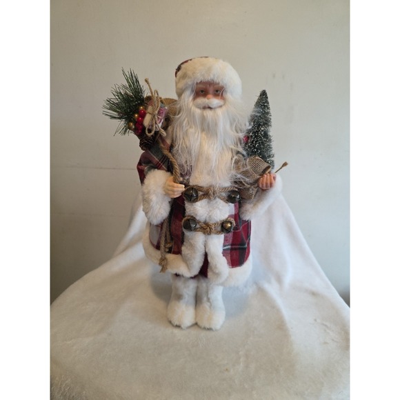 The Unbranded Brand Other - Vintage Santa Claus Figurine w/ Plaid Coat & Tree–Christmas Holiday Decor-17 in